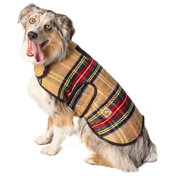 Chilly Dog Tan Tartan Plaid Wool Dog Blanket Winter Coat Sizes XS-XXL - Picture 1 of 6